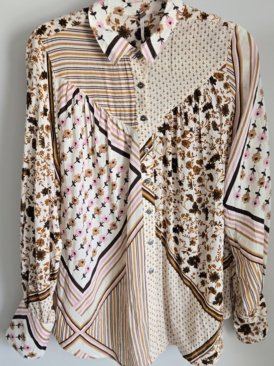 Free People Tops - Free People Mixed Print Button Front Blouse Small Boho Floral Patchwork Shirt